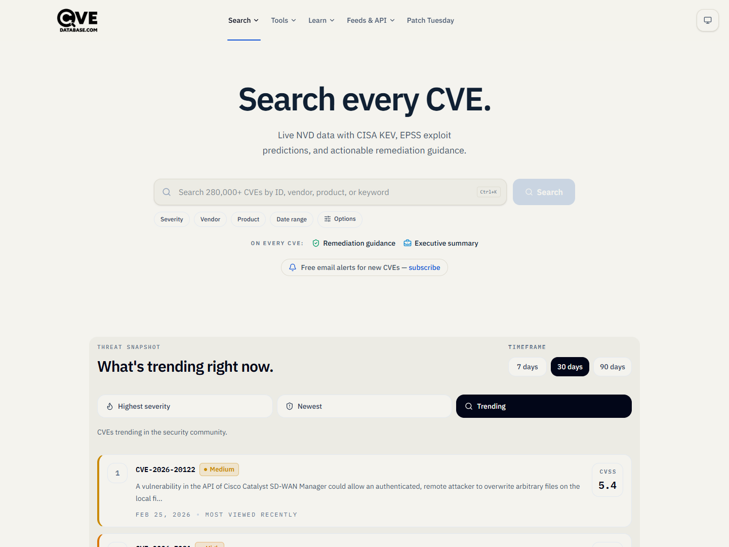 The CVEDatabase.com homepage showing CVE search and live trending vulnerabilities