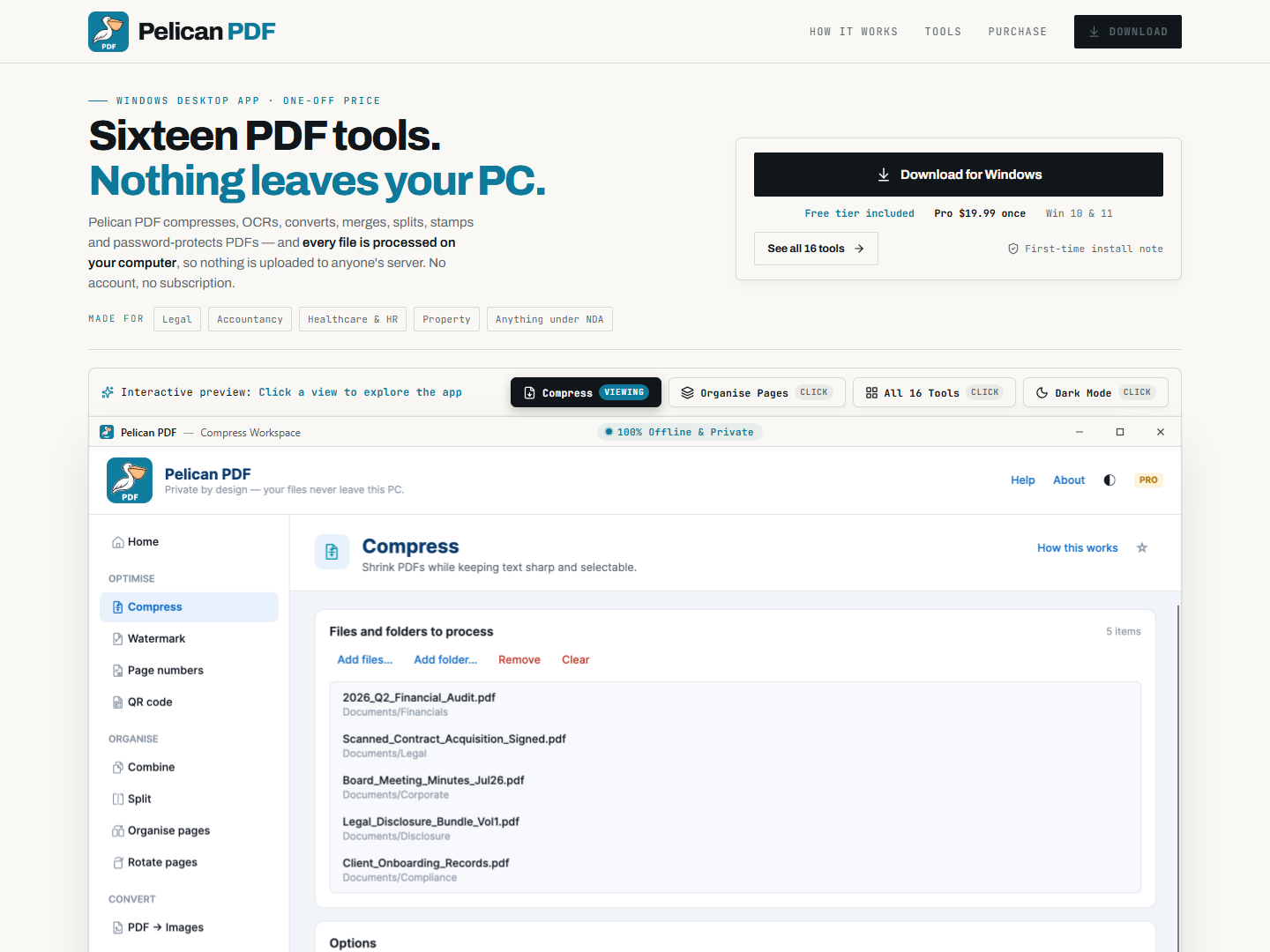 Pelican PDF application interface showing its Compress workspace